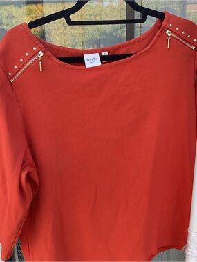 Rafaella Rust-Red Zip & Stud Shoulder Top